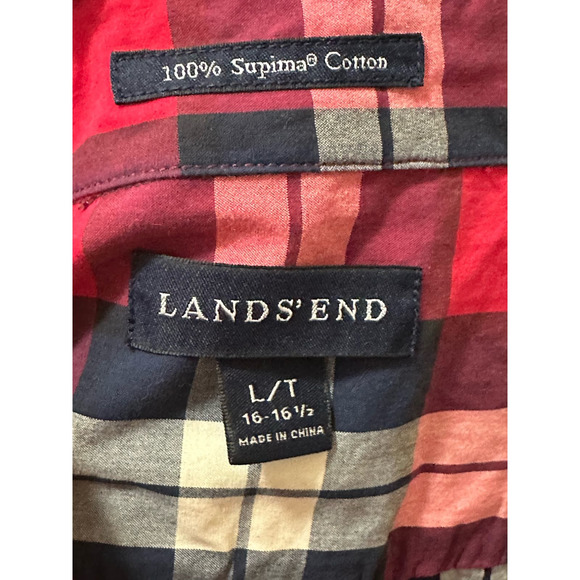 Lands’ End men red plaid long sleeves buttoned casual shirt size Large - Picture 3 of 8